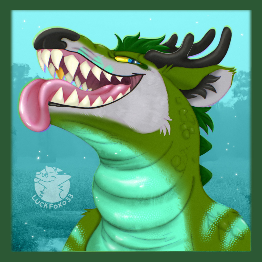 anthro antlers big_teeth cervid crocodile crocodilian crocodylid headshot headshot_portrait horn luckfoxo33 male mammal portrait reptile scalie snarling teeth tolnga