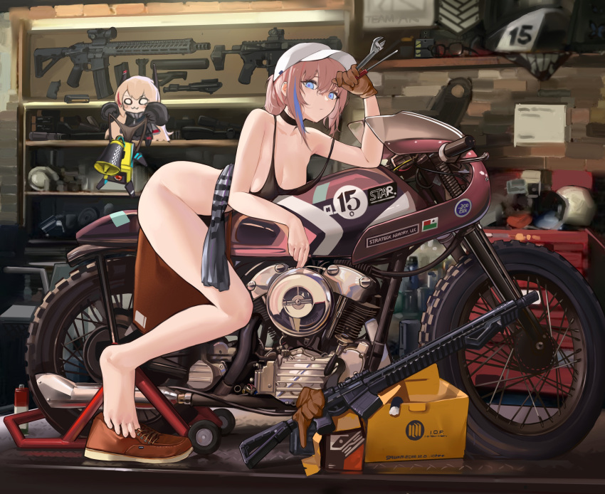 0w0 1girl absurdres adjustable_wrench ar-15 assault_rifle banana_(girls'_frontline) barefoot baseball_cap black_camisole black_choker black_panties blue_eyes bottomless box breasts camisole cardboard_box chibi choker cleavage dinergate_(girls'_frontline) feet girls'_frontline gloves ground_vehicle gun hand_up hat highres holding holding_clothes holding_panties holding_underwear holding_wrench leather leather_gloves m4_sopmod_ii_jr megaphone motor_vehicle motorcycle multicolored_hair official_alternate_costume on_motorcycle panties panties_removed pink_hair rifle sawkm screwdriver shoes shoes_removed st_ar-15_(girls'_frontline) st_ar-15_(summer_afternoon_leisure)_(girls'_frontline) streaked_hair toes underwear weapon wide_oval_eyes wrench