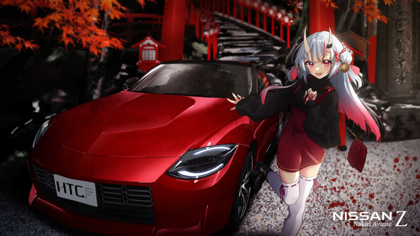1girl :d bag bangs bow car fang gradient_hair ground_vehicle hair_bow hair_bun high-waist_skirt highres hololive horns long_hair long_sleeves looking_at_viewer looking_back motor_vehicle multicolored_hair nakiri_ayame nissan oni_horns puffy_long_sleeves puffy_sleeves red_eyes red_hair red_nails red_skirt shoulder_bag skirt smile solo standing standing_on_one_leg virtual_youtuber white_hair white_tail you'a