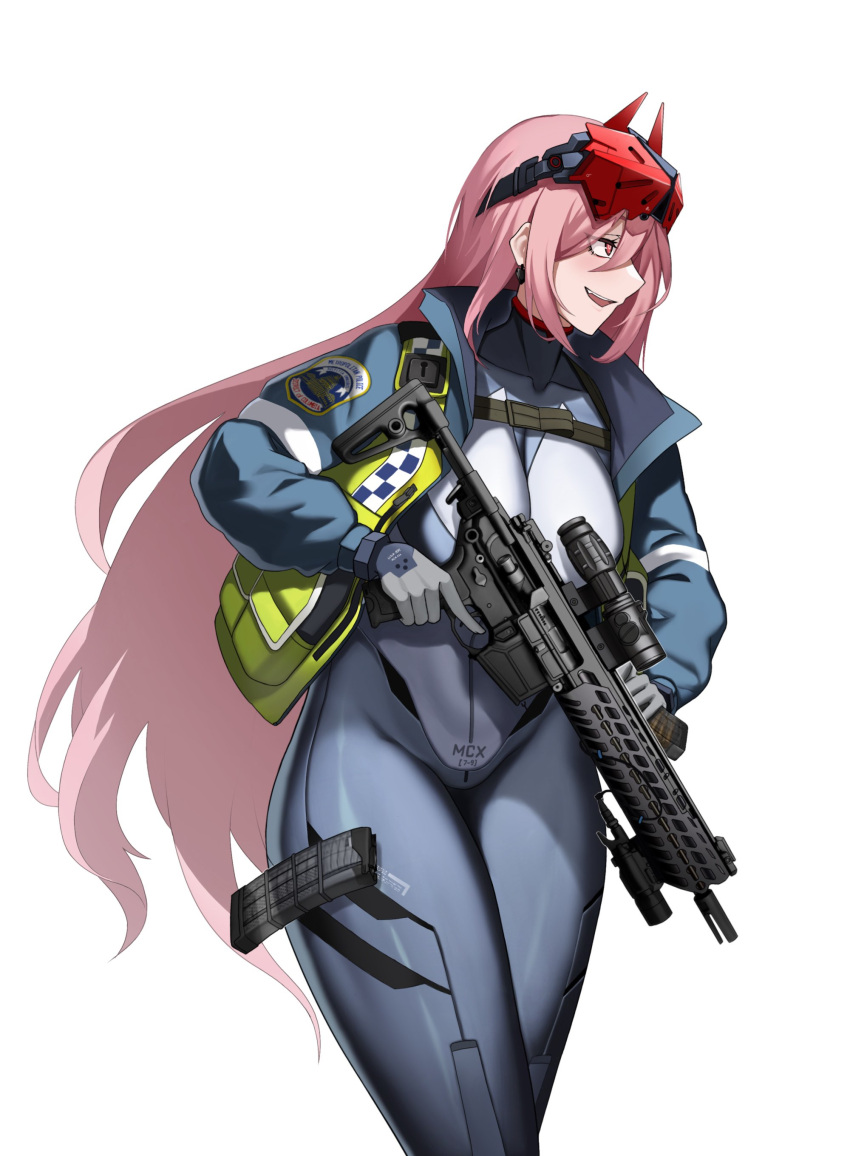 1girl absurdres assault_rifle bangs blue_jacket bodysuit breasts cero_(last2stage) chest_strap commission covered_collarbone earrings english_commentary girls'_frontline gun hair_between_eyes high-visibility_vest highres holding holding_gun holding_magazine_(weapon) holding_weapon jacket jewelry large_breasts long_hair looking_to_the_side magazine_(weapon) metropolitan_police_service official_alternate_costume pink_hair police police_uniform red_eyes reloading rifle scope sidelocks sig_mcx_(crimson_meteor)_(girls'_frontline) sig_mcx_(girls'_frontline) sig_sauer sig_sauer_mcx skin_tight solo spade_(shape) spade_earrings strap text_print thighs trigger_discipline uniform very_long_hair visor_(armor) weapon white_background