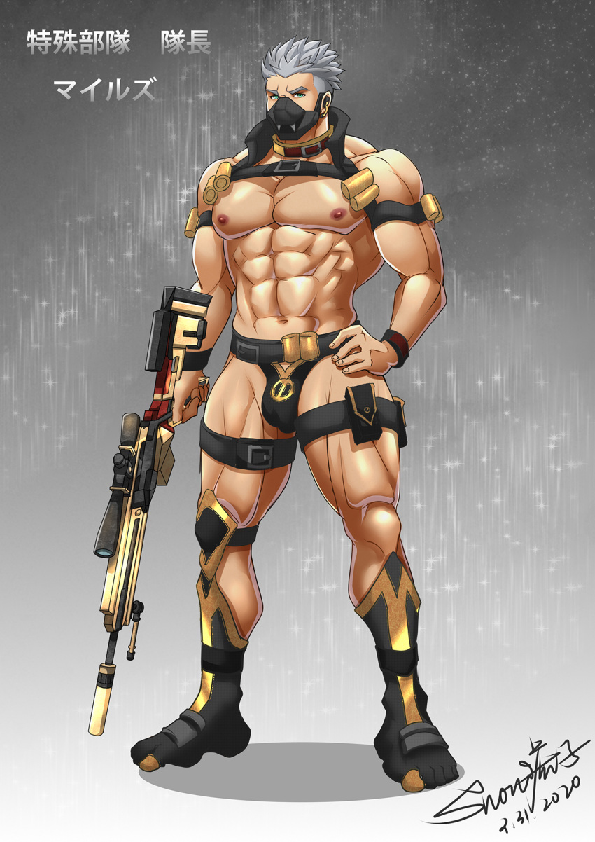 1boy abs artist_name bara boots bulge covered_mouth explosive green_eyes grenade grey_background grey_hair gun gyee hand_on_hip highres holding holding_gun holding_weapon huzee_tiger jockstrap kanji large_pectorals leather leather_belt looking_at_viewer male_focus male_underwear manboobs manly mask mature_male miles_(gyee) mouth_mask muscular muscular_male nipples pectorals signature simple_background solo spiked_hair thick_arms thick_eyebrows thick_thighs thighs undercut underwear weapon