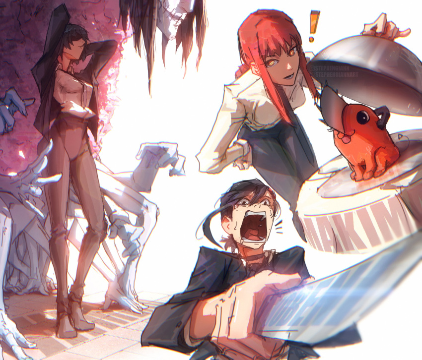 ! 3girls black_hair black_jacket black_necktie black_pants braid braided_ponytail chainsaw chainsaw_man collared_shirt emphasis_lines extra_hands eyepatch formal ghost_devil_(chainsaw_man) glint higashiyama_kobeni highres himeno_(chainsaw_man) holding holding_knife jacket knife leaning_forward looking_at_viewer looking_to_the_side makima_(chainsaw_man) medium_hair multiple_girls necktie open_mouth pale_skin pants pochita_(chainsaw_man) red_hair ringed_eyes screaming shirt shirt_tucked_in short_hair sidelocks simple_background single_sidelock stephengiannart suit tray weapon white_background white_shirt yellow_eyes