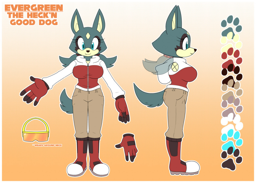 anthro boots border breasts canid canine canis clothed clothing domestic_dog english_text evergreen_(redpyrodragon) fan_character female footwear fur gloves grey_body grey_fur hair handwear hoodie humanoid husky mammal nordic_sled_dog ponytail sega solo sonic_the_hedgehog_(series) spitz text topwear toxicko white_body white_border white_fur