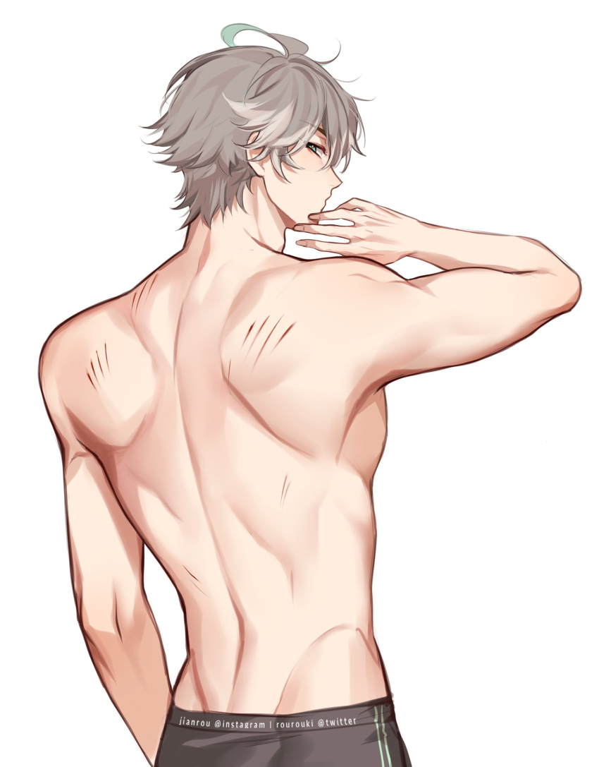 1boy ahoge alhaitham_(genshin_impact) arm_up artist_name back bangs bare_back bare_shoulders blue_eyes blue_hair closed_mouth english_commentary fingernails genshin_impact grey_hair grey_shorts hair_between_eyes hand_up highres looking_back male_focus multicolored_hair rourouki scar scar_on_back short_hair shorts simple_background solo standing two-tone_hair watermark white_background