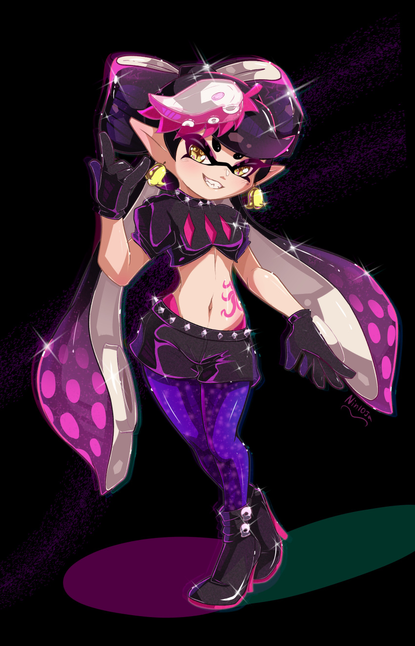 2021 absurd_res animal_humanoid boots callie_(splatoon) cephalopod cephalopod_humanoid clothing ear_piercing ear_ring female footwear gloves handwear hi_res humanoid humanoid_pointy_ears inkling light_body light_skin marine marine_humanoid mollusk mollusk_humanoid nin10ja nintendo piercing pose pseudo_hair ring_piercing signature simple_background smile solo splatoon suction_cup tattoo tentacle_hair tentacles video_games