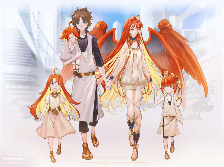 2boys 3girls ahoge aphrodite_(fate) black_shirt blonde_hair blue_eyes breasts brown_hair carrying carrying_person cleavage closed_eyes commentary_request dress earrings fate/grand_order fate_(series) father_and_daughter father_and_son fujimaru_ritsuka_(male) heterochromia highres holding_hands if_they_mated jewelry mother_and_daughter mother_and_son multicolored_hair multiple_boys multiple_girls navel red_eyes red_hair red_wings revealing_clothes sandals shiro_font shirt small_breasts smile two-tone_hair white_dress wings