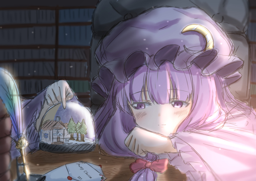 1girl absurdres bangs blunt_bangs blush bookshelf bow chair christmas_card closed_mouth crescent crescent_hat_ornament desk hair_bow hat hat_ornament highres light_smile mob_cap patchouli_knowledge purple_eyes purple_hair red_bow rense_1010_(number_nanashi) snow_globe solo touhou upper_body wide_sleeves