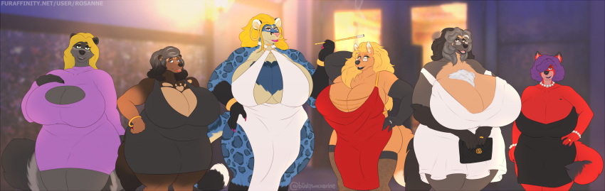 absurd_res anthro armwear belly big_breasts big_tail black_body black_fur black_hair blonde_hair blue_body blue_fur breasts canid canine canis chest_tuft clair_rochester claws cleavage cleavage_cutout clothed clothing colored_nails curvy_figure digit_ring digital_media_(artwork) dress ear_piercing elbow_gloves eyewear felid feline felis female fox fur gem glasses gloves grey_body grey_fur grey_hair greying_hair group group_photo gulonine hair hands_on_hips handwear hi_res hidden_orosubi huge_breasts jewelry lagomorph legwear leopard leporid lips long_hair looking_at_viewer mammal markings mature_anthro mature_female mustelid musteline nails naomi_rasputin necklace open_mouth overweight overweight_female pantherine pearl_(gem) pearl_bracelet pearl_necklace piercing posing_for_picture procyonid purple_clothing purple_dress purple_hair purse raccoon red_body red_clothing red_dress red_fur ring rosanne_(artist) rosanne_hayes shantika smile smoking snow_leopard spots spotted_markings stockings tan_body tan_fur thick_bottom_lip thick_thighs tiffany_valentine tongue_showing tuft voluptuous voluptuous_female wedding_ring white_body white_clothing white_dress white_fur wide_hips wolverine