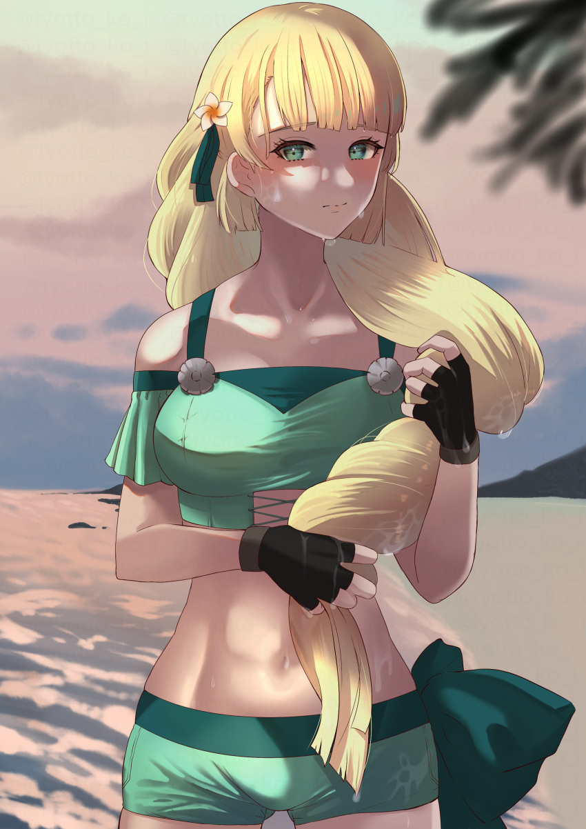 1girl absurdres beach bikini bikini_shorts black_gloves blonde_hair breasts commentary_request fingerless_gloves fire_emblem fire_emblem_heroes flower gloves green_bikini green_eyes hair_flower hair_ornament highres ingrid_brandl_galatea long_hair looking_at_viewer medium_breasts midriff navel ocean off-shoulder_bikini off_shoulder official_alternate_costume shorts solo swimsuit tyotto_ko_i very_long_hair wet wet_face wet_hair