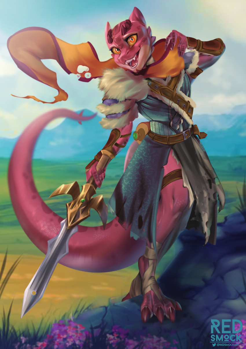 absurd_res adventurer anthro armor claws clothed clothing detailed_background digital_media_(artwork) dungeons_and_dragons hasbro hi_res holding_object holding_sword holding_weapon horn kobold lizard long_tail looking_at_viewer male melee_weapon mountain open_mouth outside pit_viper plant rattlesnake red_body red_skin redsmock reptile scalie scarf sky smile snake solo solo_focus sword tongue viper warrior weapon wizards_of_the_coast yellow_eyes