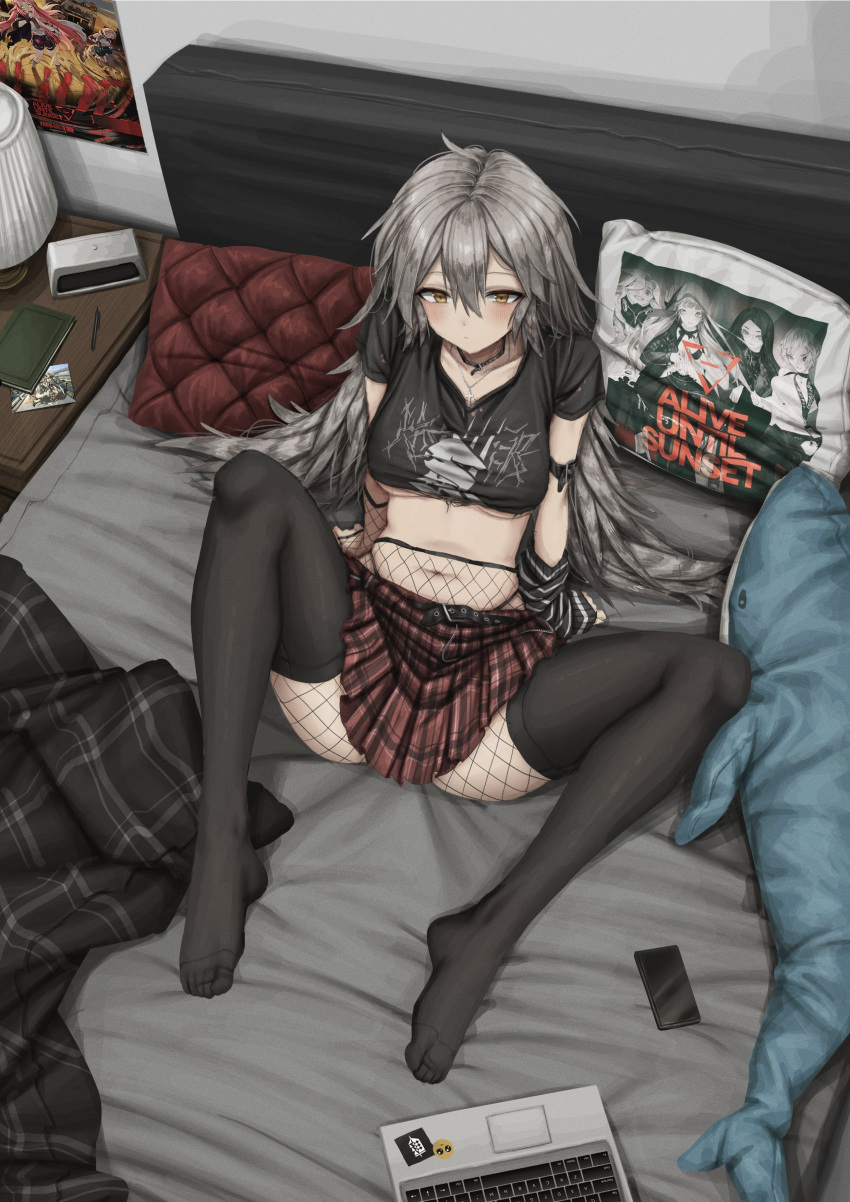1girl absurdres arm_support armband bed belt black_thighhighs blush breasts choker clock collarbone computer cushion fishnets from_above grey_hair highres indoors lamp laptop lobsteranian long_hair looking_up midriff navel original pantyhose plaid plaid_skirt pleated_skirt shirt sitting skirt solo spread_legs t-shirt thighhighs thighhighs_over_pantyhose underboob yellow_eyes