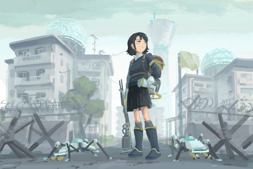 1girl backpack bag black_hair black_skirt black_sweater boots building day flag gloves gun hand_on_hip highres katakai knee_boots original outdoors pleated_skirt robot science_fiction short_hair skirt solo standing sweater town weapon white_gloves