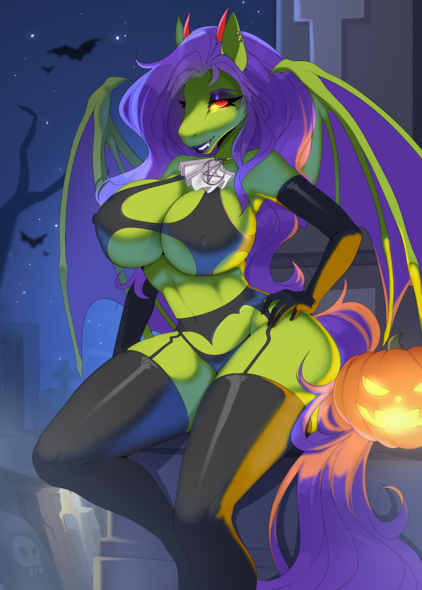 absurd_res anthro bat_pony big_breasts breasts chiropteran clothing equid female garter_belt garter_straps green_body hand_on_hip hasbro hi_res jack-o'-lantern kuroma mammal membrane_(anatomy) membranous_wings my_little_pony night outside panties solo underwear wings