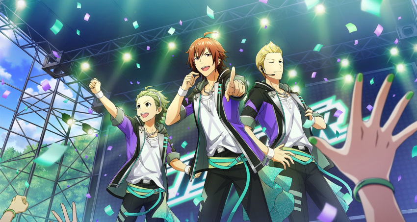 3boys ahoge amagase_touma blonde_hair blue_eyes blue_sky bracelet clenched_hand cloud fingernails green_eyes green_hair green_nails hair_between_eyes highres idolmaster idolmaster_side-m idolmaster_side-m_growing_stars ijuuin_hokuto jewelry jupiter_(idolmaster) male_focus mitarai_shouta multiple_boys nail_polish necklace official_art pointing shirt short_sleeves sky smile spotlight stage stage_lights streamers third-party_source white_shirt