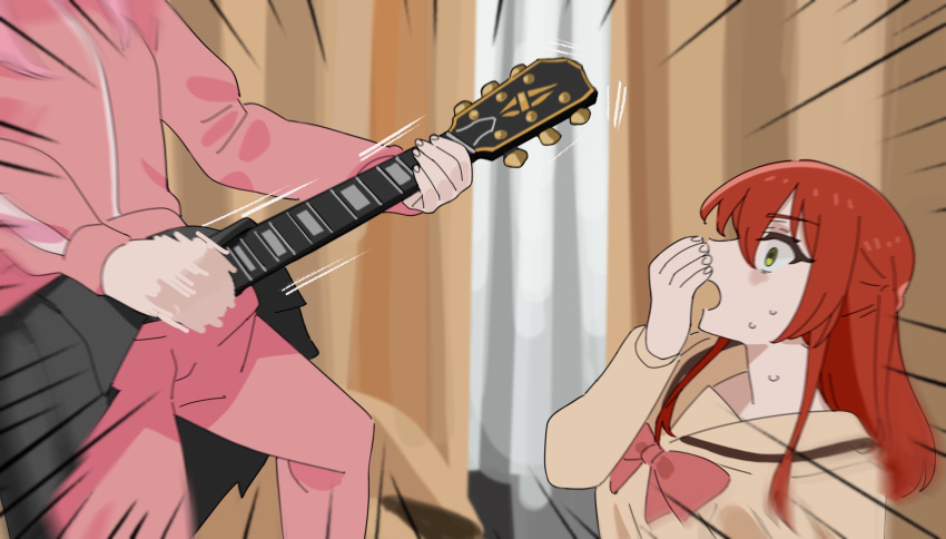 2girls bangs billyonthestraw blazer bocchi_the_rock! bow brown_jacket gotou_hitori green_eyes grey_skirt guitar highres holding holding_instrument indoors instrument jacket kita_ikuyo long_hair long_sleeves motion_lines multiple_girls music one_side_up open_mouth pants pants_under_skirt parody pink_jacket pink_pants playing_instrument pleated_skirt red_bow red_hair school_uniform skirt surprised track_jacket track_pants wide-eyed