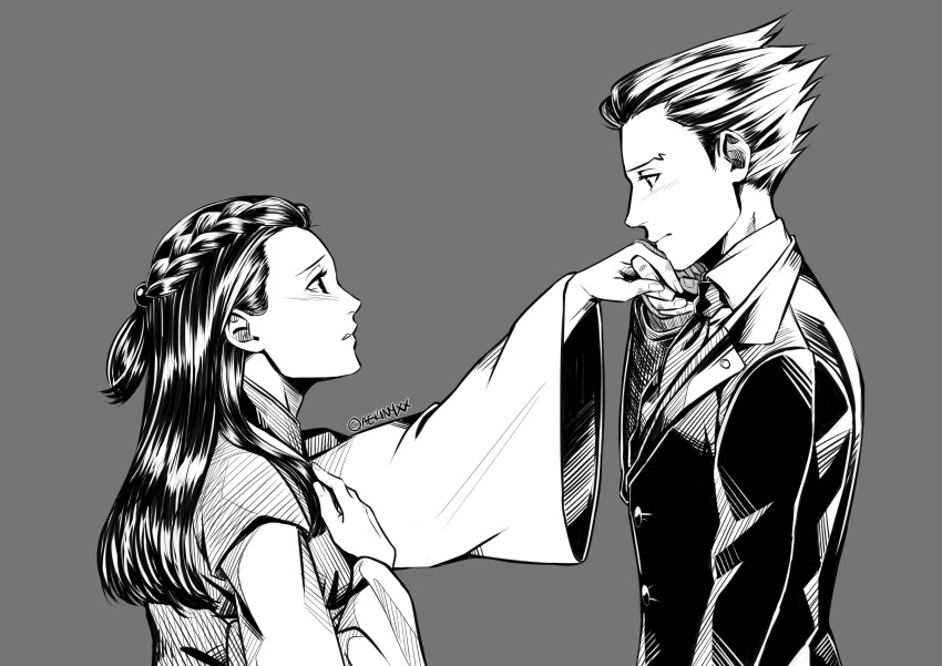 1boy 1girl absurdres ace_attorney blush braid buttons closed_mouth collared_shirt dress eye_contact forehead formal french_braid from_side grey_background greyscale highres holding_hands imaginaeri iris_(ace_attorney) japanese_clothes long_hair looking_at_another monochrome necktie parted_lips phoenix_wright profile robe shirt short_hair signature simple_background spiked_hair standing suit translation_request upper_body