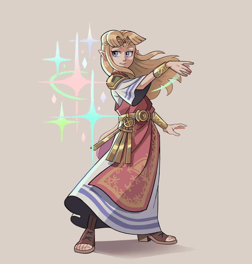 1girl absurdres bangs blonde_hair blue_eyes breasts dress earrings english_commentary full_body gown highres jewelry long_hair looking_at_viewer matthieu_cousin medium_breasts pointy_ears princess_zelda smile solo super_smash_bros. the_legend_of_zelda the_legend_of_zelda:_a_link_between_worlds