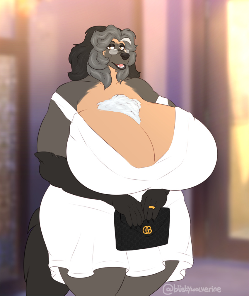 anthro big_breasts black_body black_fur black_hair breasts chest_tuft cleavage clothed clothing curvy_figure digit_ring digital_media_(artwork) dress eyewear female fur glasses grey_body grey_fur grey_hair greying_hair gulonine hair hi_res huge_breasts jewelry lips looking_at_viewer mammal mature_anthro mature_female mustelid musteline open_mouth purse ring rosanne_(artist) rosanne_hayes smile solo tan_body tan_fur thick_bottom_lip thick_thighs tongue_showing tuft voluptuous voluptuous_female wedding_ring white_body white_fur wide_hips wolverine
