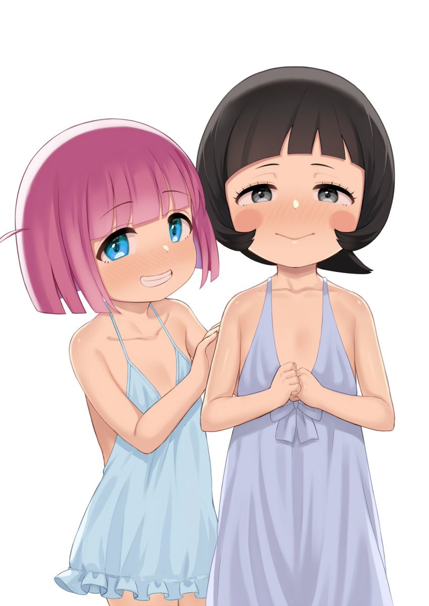 2girls atg_(wttoo0202) bangs black_hair blue_eyes blush blush_stickers bob_cut bocchi_the_rock! camisole character_request check_commentary clenched_hands collarbone commentary_request eyelashes female_child flat_chest frilled_camisole frills gotou_futari grey_eyes grin half-closed_eyes hands_on_another's_back hands_up highres looking_at_viewer multiple_girls pink_hair purple_camisole short_hair side_ahoge sidelocks smile white_background white_camisole