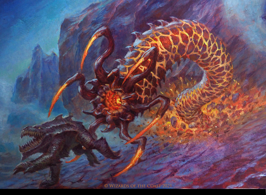 absurdres acrylic_paint_(medium) creature fire highres magic:_the_gathering manuel_castanon molten_rock monster no_humans official_art oil_painting_(medium) outdoors painting_(medium) traditional_media worm