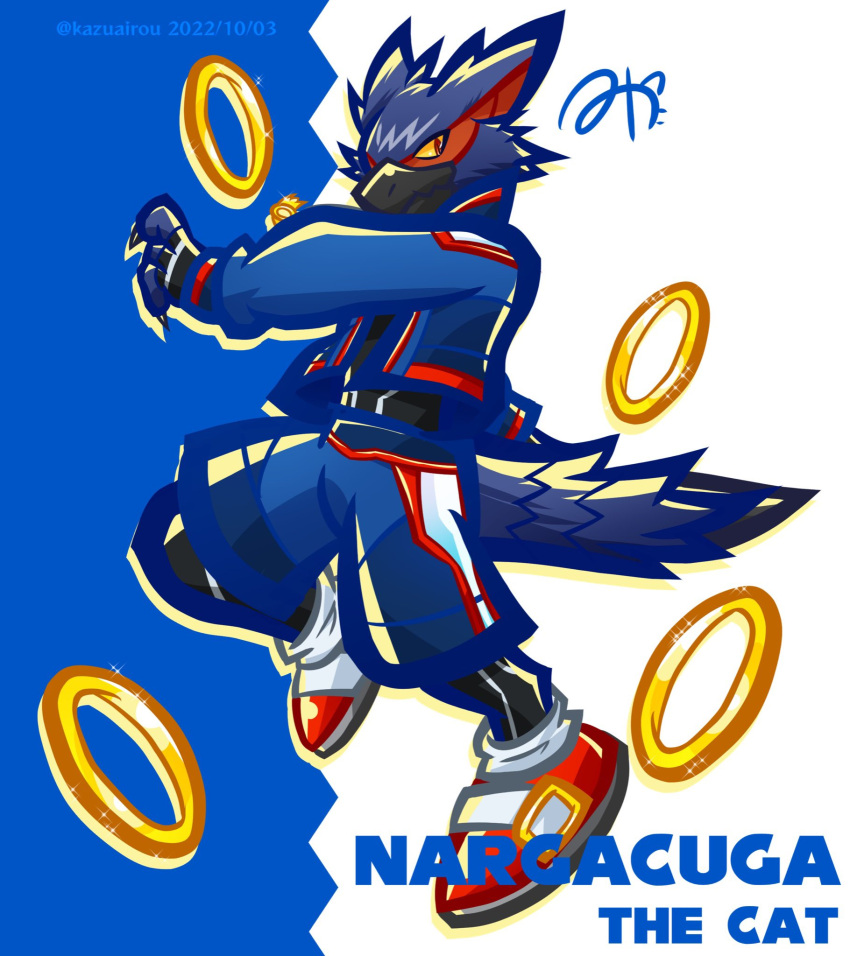 anthro anthrofied beak black_body black_fur bottomwear capcom clothing flying_wyvern footwear fur hi_res kazuairou male monster monster_hunter nargacuga red_eyes ring sega shoes shorts solo sonic_the_hedgehog_(series) video_games yellow_sclera