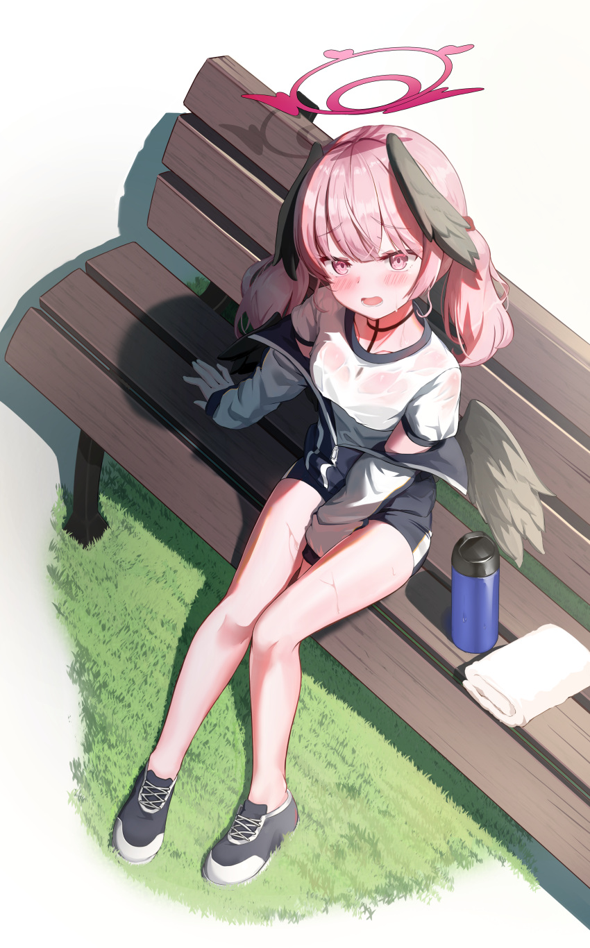 1girl absurdres bangs bench black_footwear black_wings blue_archive blush bottle commentary feathered_wings full_body grass grey_wings gym_shirt gym_shorts gym_uniform halo head_wings highres j.j_(66752902) jacket koharu_(blue_archive) looking_at_viewer low_wings mismatched_wings open_clothes open_jacket open_mouth outdoors pink_eyes pink_hair shirt shoes shorts sitting sleeves_past_wrists sneakers solo sweat towel track_jacket twintails water_bottle wet wet_clothes white_shirt wings