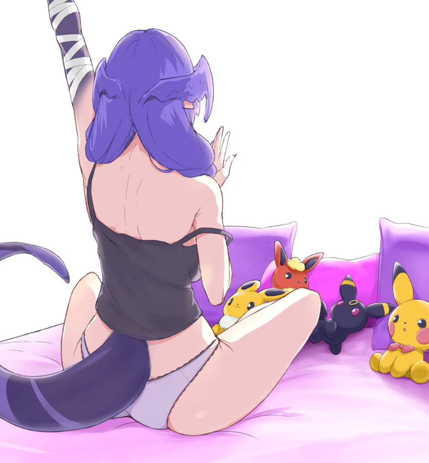 1girl bandaged_arm bandages bed black_camisole camisole character_doll dragon_girl flareon head_wings highres medium_hair nijisanji nijisanji_en panties pichu pillow pokemon pokemon_(creature) purple_hair selen_tatsuki smile stretching suma_(sumairuzu) tail umbreon underwear virtual_youtuber