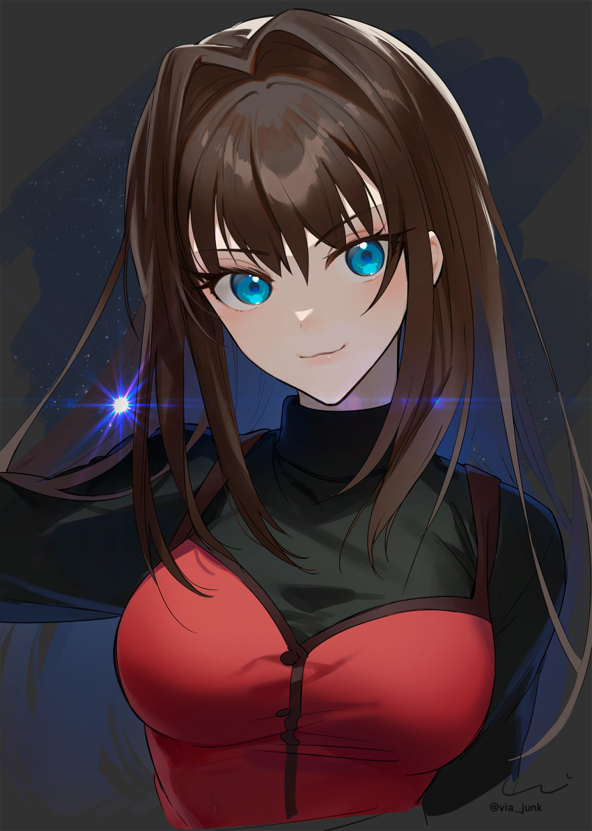 1girl aozaki_aoko bangs black_sweater blue_eyes breasts brown_hair buttons closed_mouth commentary_request cropped_torso dress hair_between_eyes hair_intakes highres large_breasts long_hair looking_at_viewer mahou_tsukai_no_yoru red_dress solo sweater turtleneck turtleneck_sweater twitter_username yuni_(via_junk)