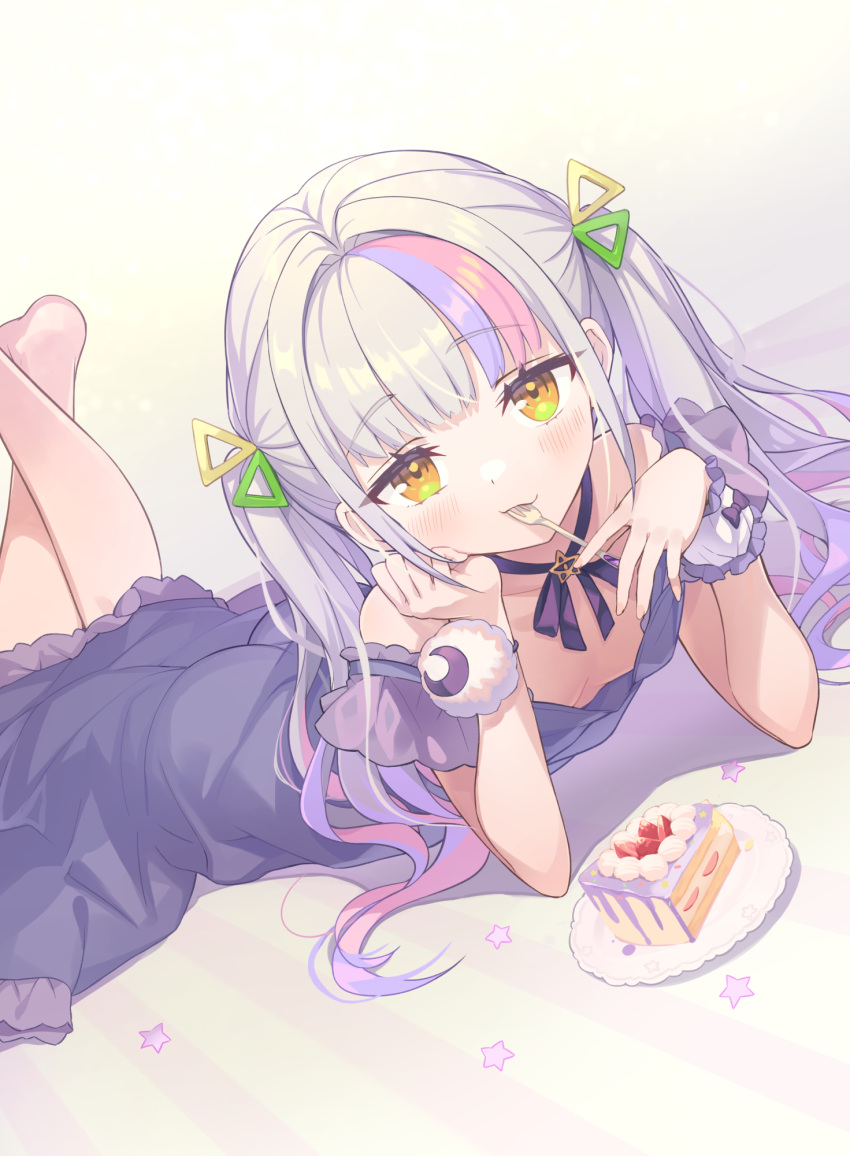 1girl blush cake cake_slice dress dutch_angle food fork hair_ornament highres holding holding_fork hololive long_hair looking_at_viewer lying multicolored_hair murasaki_shion on_stomach pink_hair plate purple_dress purple_hair simple_background sleeves_past_wrists solo streaked_hair tam-u twintails utensil_in_mouth virtual_youtuber white_background white_hair yellow_eyes