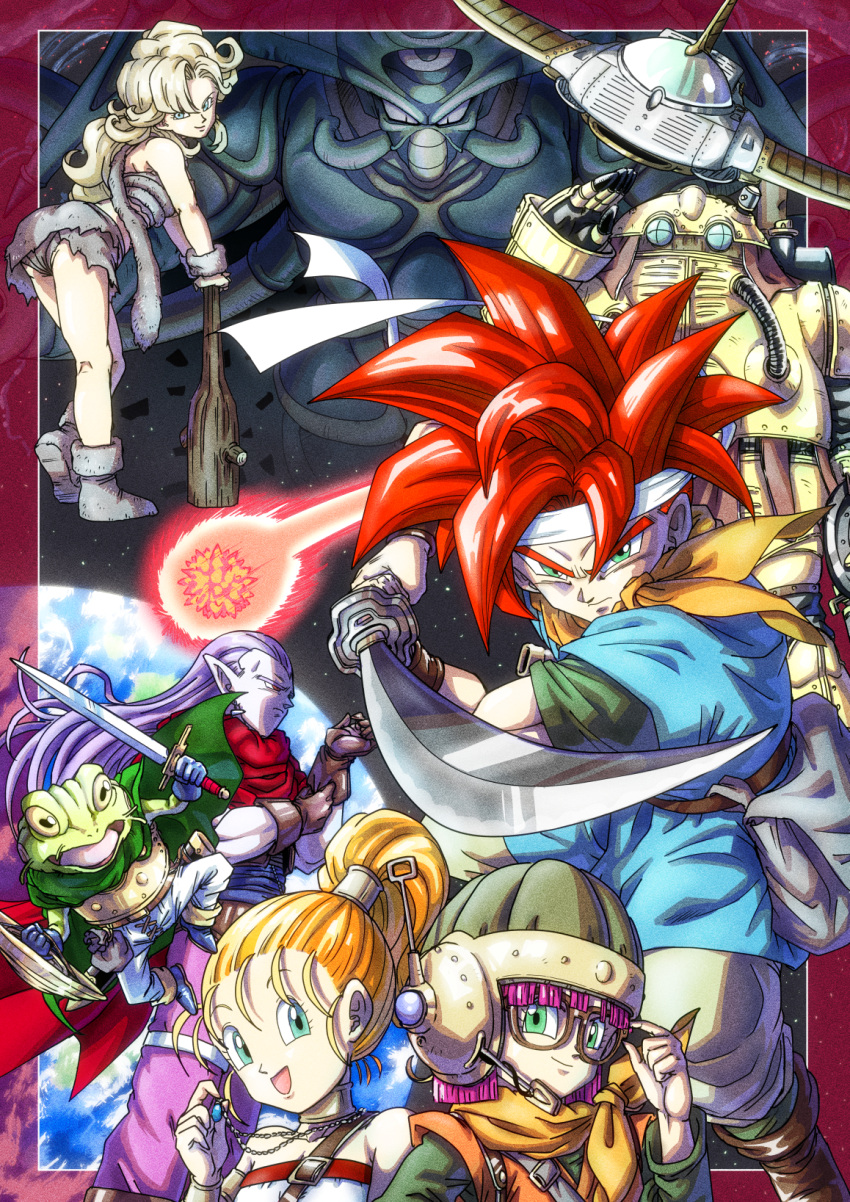 3girls ass ayla_(chrono_trigger) bare_shoulders belt bike_shorts blonde_hair breasts choker chrono_trigger closed_mouth crono_(chrono_trigger) curly_hair frog_(chrono_trigger) glasses green_eyes hatiware12 headband helmet highres jewelry lavos_(chrono_trigger) long_hair looking_at_viewer lucca_ashtear magus_(chrono_trigger) marle_(chrono_trigger) medium_hair multiple_boys multiple_girls open_mouth ponytail purple_hair red_hair robo_(chrono_trigger) robot scarf short_hair smile spiked_hair sword weapon