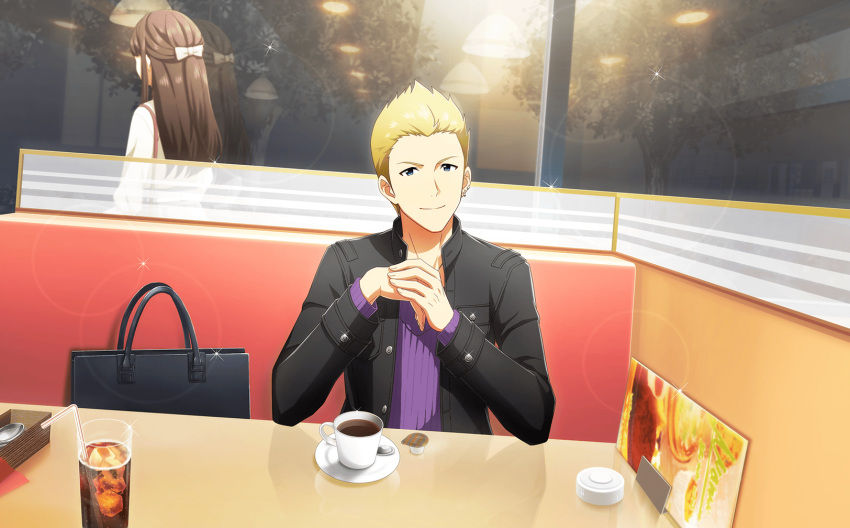 1boy 1girl black_jacket blonde_hair blue_eyes breast_pocket buttons cream cup drinking_straw fingernails highres idolmaster idolmaster_side-m idolmaster_side-m_live_on_stage! ijuuin_hokuto jacket long_hair long_sleeves looking_at_viewer official_art pocket reflection restaurant smile third-party_source