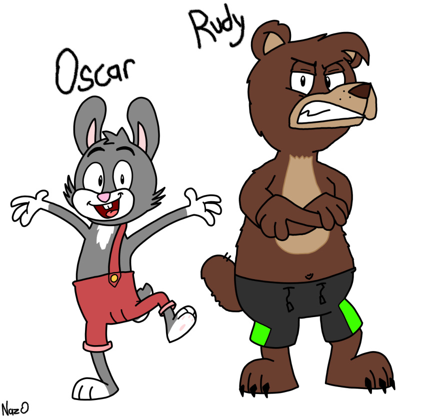 angry anthro barefoot bottomwear clothing crossed_arms duo feet gloves_(marking) happy hi_res lagomorph leporid looking_at_viewer male male/male mammal markings nazzerbeans oscar_(nazzerbeans) overalls pawpads rabbit red_clothing rudy_(nazzerbeans) shorts toony ursid
