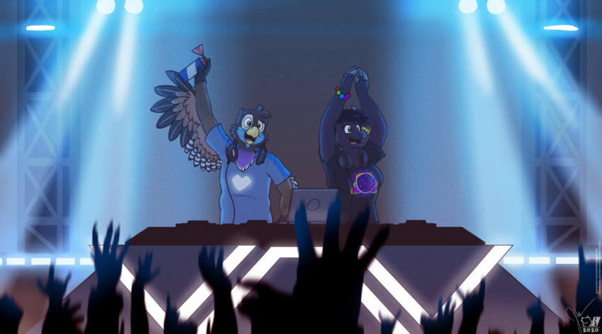 2020 3_fingers 5_fingers anthro arm_tuft arms_above_head audience avian beak bird black_body black_clothing black_feathers black_shirt black_topwear blue_body blue_clothing blue_feathers blue_shirt blue_t-shirt blue_topwear bovid bovine bracelet breasts brown_body brown_eyes brown_feathers brown_hair brown_skin cattle cheek_tuft chest_tuft claws clothing computer detailed_background disc_jockey duo ear_tag eyelashes facial_tuft feathers female fingers grey_claws group hair head_tuft headphones headphones_around_neck holding_air_horn horn jay_(sammfeatblueheart) jewelry laptop male mammal multicolored_clothing on_stage open_beak open_mouth purple_body purple_feathers rainbow_clothing raised_arm raised_arms sammfeatblueheart shaded shirt signature stage_lights striped_feathers t-shirt tongue topwear trogon trogonid tuft turntable_(decks) white_body white_feathers winged_arms wings wrist_tuft yellow_beak