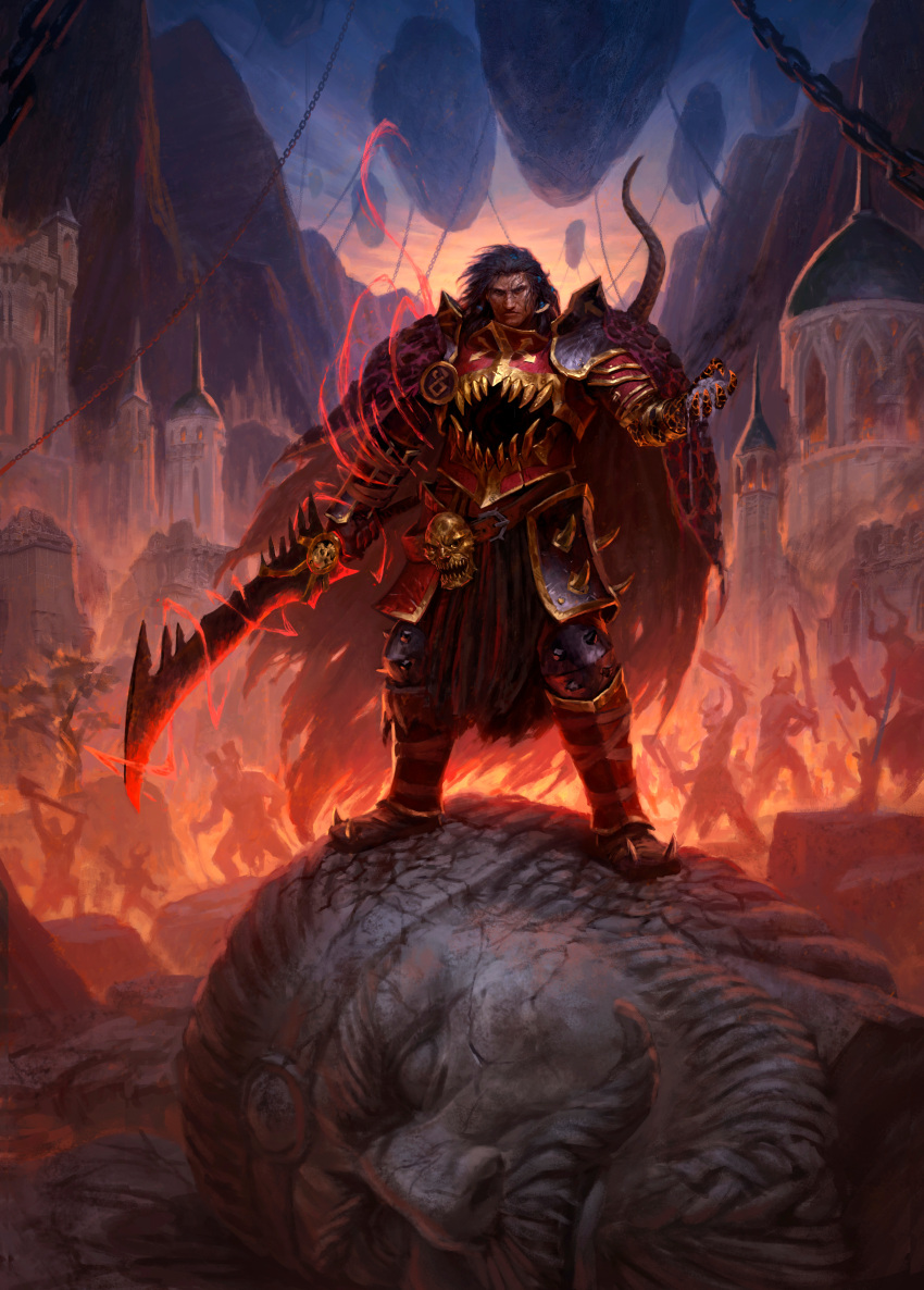 absurdres armor army breastplate cape castle chaos_(warhammer) closed_mouth faulds fire floating_island full_armor godeater's_son hand_up highres holding holding_sword holding_weapon looking_at_viewer male_focus manuel_castanon ornate_armor shoulder_spikes spikes standing sword warhammer_40k weapon