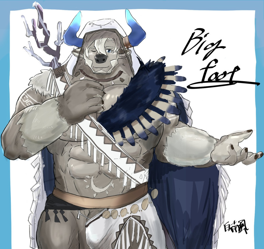 abs anthro bigfoot_(tas) bovid bovine cattle flaccid genitals hi_res horn lifewonders male mammal muscular muscular_anthro muscular_male native_american_clothing nipples one_eye_closed pecs penis penis_base shirahae76642 solo tattoo tokyo_afterschool_summoners video_games wink