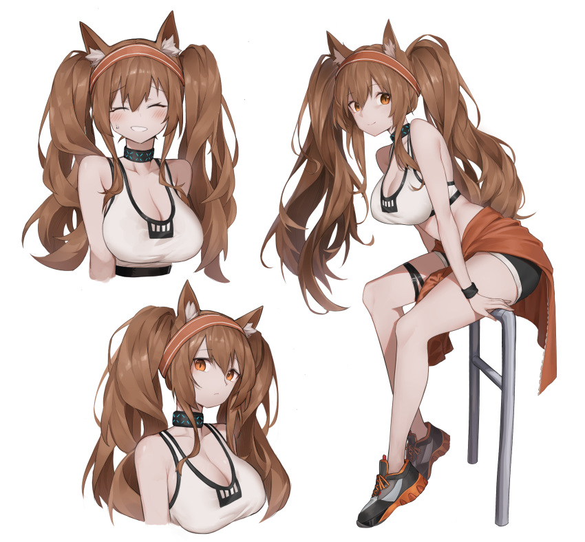 1girl absurdres angelina_(arknights) animal_ears arknights bare_legs bare_shoulders basketball black_shorts breasts brown_hair cleavage clothes_around_waist collar dolphin_shorts faldues_(gavin_b) hairband highres jacket jacket_around_waist large_breasts legs long_hair multiple_views official_alternate_costume open_mouth orange_eyes red_jacket shoes shorts simple_background sneakers sports_bra sportswear standing stomach sweat teeth thigh_strap twintails very_long_hair white_background white_sports_bra