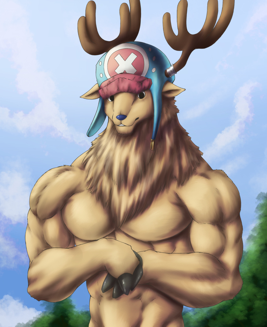 2021 abs absurd_res anthro antlers barazoku biceps big_muscles black_eyes blue_nose brown_antlers capreoline cervid chibikoma clothed clothing cloven_hooves digital_drawing_(artwork) digital_media_(artwork) ears_down fur furgonomics genital_outline half-length_portrait hat headgear headwear hi_res hooves horn male mammal muscular muscular_anthro muscular_male neck_tuft one_piece pecs pivoted_ears portrait reindeer solo tan_body tan_fur tony_tony_chopper topless topless_anthro topless_male tuft