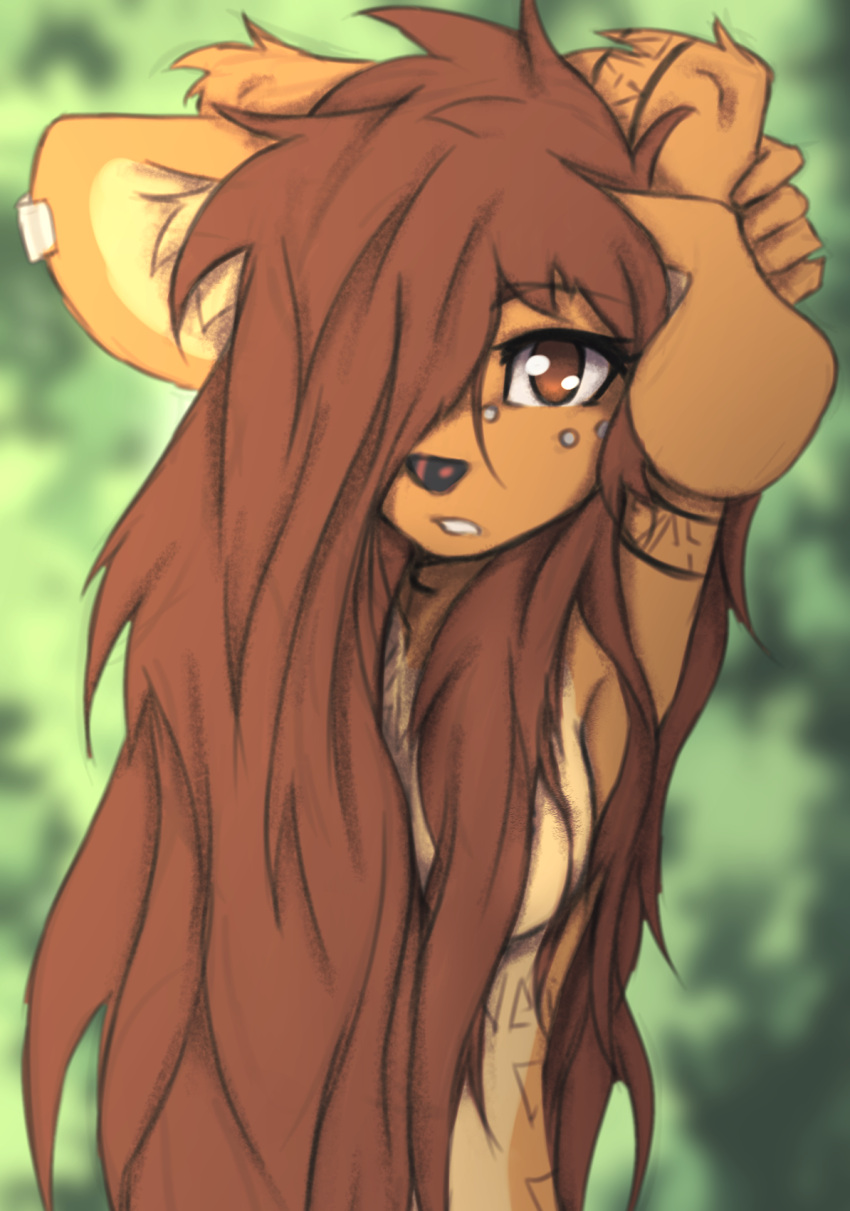 2022 anthro apogee_(tinygaypirate) black_nose breasts brown_body brown_eyes brown_fur brown_hair canid canine canis convenient_censorship cowlick domestic_dog ear_piercing elbow_tuft eyebrow_through_hair eyebrows eyelashes facial_piercing female floppy_ears fur furgonomics furry-specific_piercing hair hair_covering_breasts hair_over_eye half-length_portrait hands_behind_head hi_res inner_ear_fluff long_hair looking_at_viewer mammal mottled mottled_nose muzzle_piercing nose_piercing nude one_eye_obstructed open_mouth outside piercing pink_nose portrait raised_arms small_breasts solo spitz tinygaypirate translucent translucent_hair tuft