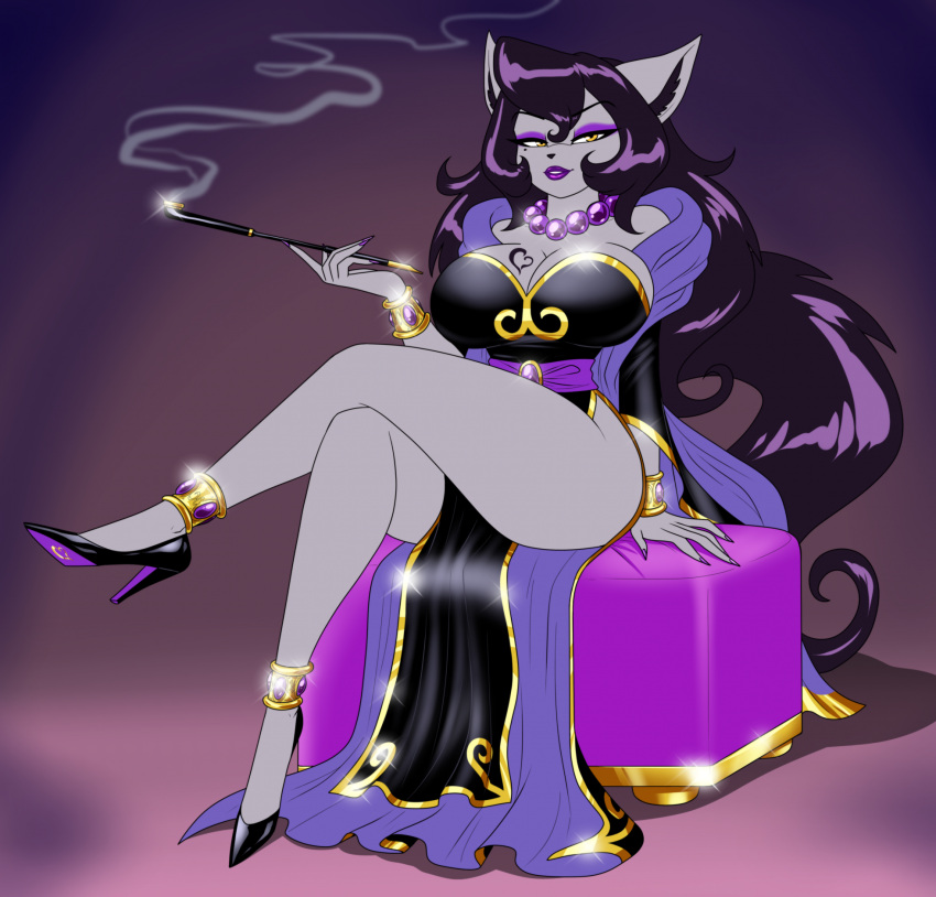 anthro breasts cleavage clothed clothing crossed_legs crovirus domestic_cat felid feline felis female footwear hair hi_res high_heels long_hair mammal pipe sitting smoke solo