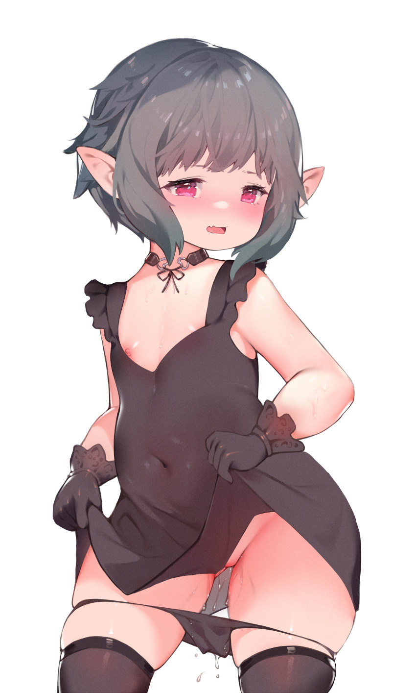 1girl absurdres avatar_(ff14) black_collar black_dress black_gloves black_panties black_ribbon black_thighhighs blush chinese_commentary clothes_lift collar commentary covered_navel dress dress_lift final_fantasy final_fantasy_xiv flat_chest gloves grey_hair highres lalafell lifted_by_self looking_at_viewer medium_hair nipples open_mouth panties panty_pull pink_eyes pointy_ears pussy_juice ribbon sidelocks simple_background sleeveless sleeveless_dress solo thighhighs underwear white_background zhazhapao