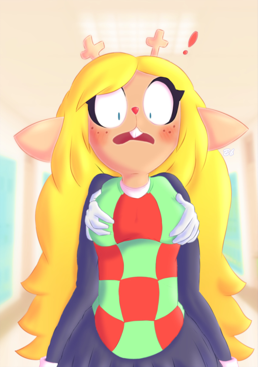 absurd_res anthro bingbingo_(artist) blonde_hair blue_eyes blush bottomwear breast_grab breasts buckteeth cervid checkered_clothing clothed clothing constricted_pupils deltarune disembodied_hand doe_with_antlers exclamation_point female freckles grope hair hand_on_breast hi_res long_hair mammal noelle_holiday open_mouth pattern_clothing pupils red_nose signature skirt small_pupils solo surprised_expression teeth undertale_(series) video_games wide_eyed