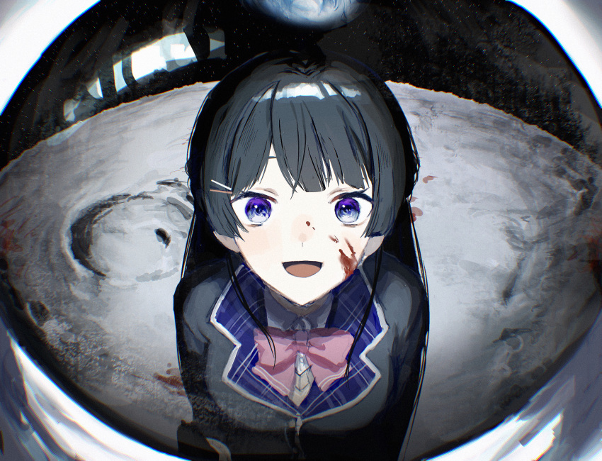 1girl 1other black_hair black_jacket blazer blood blood_on_face blood_splatter blue_eyes bow bowtie commentary crater highres jacket long_hair looking_at_another looking_at_viewer moon nagikiho nijisanji open_mouth outdoors pink_bow pink_bowtie reflection school_uniform shirt smile space space_helmet tsukino_mito upper_body virtual_youtuber white_shirt