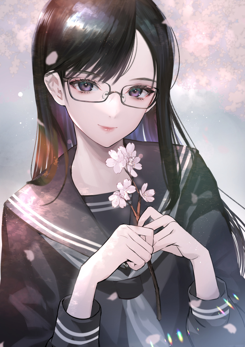 1girl absurdres bangs black-framed_eyewear black_eyes black_hair black_sailor_collar black_serafuku branch cherry_blossoms closed_mouth commentary_request flower glasses hands_up highres hitowa holding holding_branch lips looking_at_viewer original purple_eyes sailor_collar school_uniform serafuku smile solo upper_body
