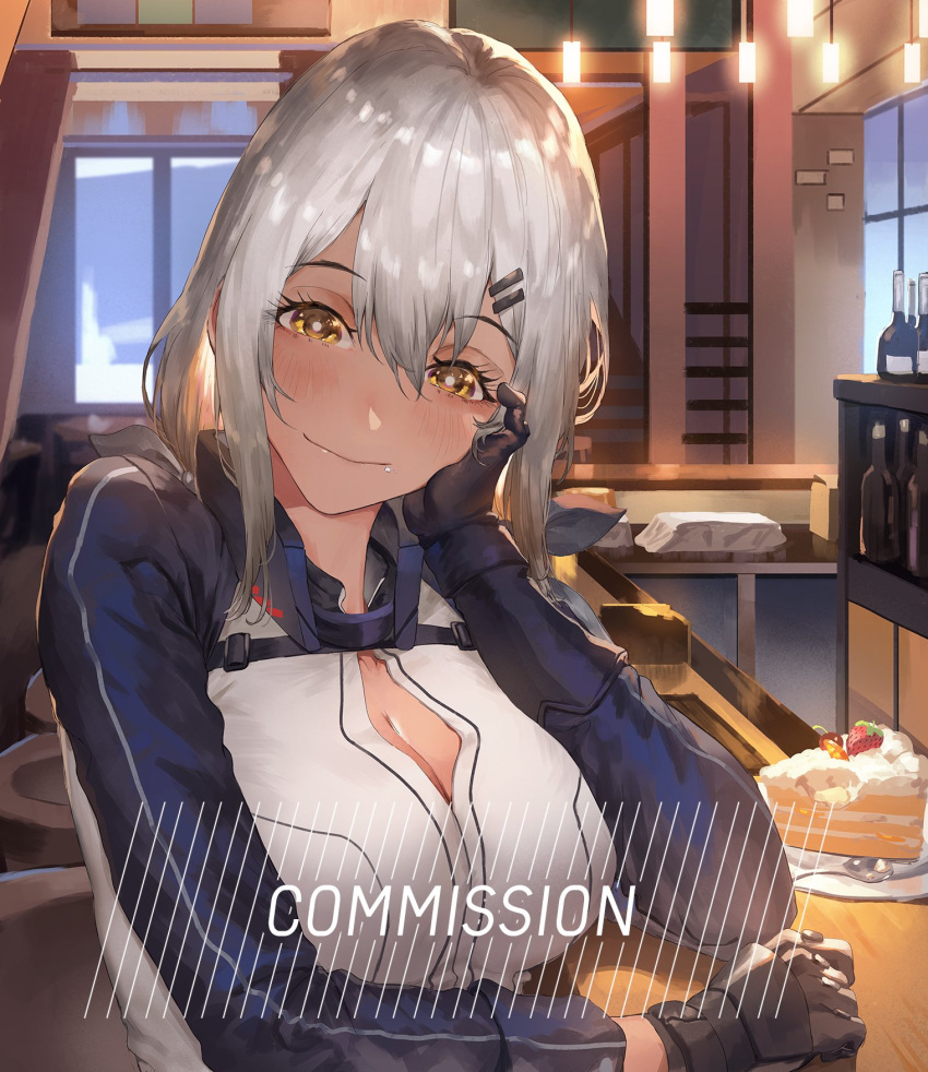 1girl aochoku arm_support blush breasts cake cake_slice cleavage commission english_commentary food food_on_face girls'_frontline gloves grey_hair hair_between_eyes hair_ornament hairclip hand_on_own_cheek hand_on_own_face highres indoors large_breasts long_hair long_sleeves looking_at_viewer m590_(girls'_frontline) plate smile solo spoon upper_body yellow_eyes