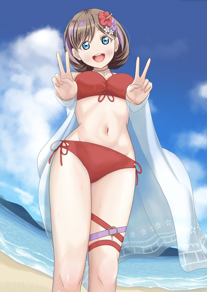 1girl :d beach bead_necklace beads bikini blue_eyes bob_cut breasts brown_hair cloud commentary day double_v flower foreshortening from_below front-tie_bikini_top front-tie_top hair_flower hair_ornament head_tilt hibiscus highres jacket jewelry knees looking_at_viewer love_live! love_live!_superstar!! medium_breasts navel necklace open_mouth outdoors purple_flower red_bikini red_flower see-through see-through_jacket short_hair side-tie_bikini_bottom smile solo standing swimsuit tang_keke thigh_strap v white_flower white_jacket zanpon