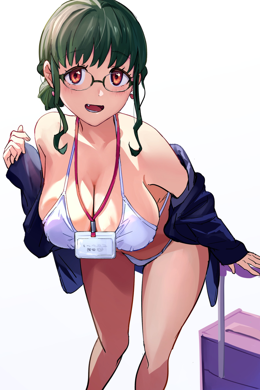 1girl absurdres anosillus_ii bent_over bikini blush breasts cleavage earrings eyebrows_hidden_by_hair fang glasses green_hair gridman_universe highres jacket jewelry lanyard large_breasts looking_at_viewer luggage off_shoulder open_clothes open_jacket open_mouth orange_eyes sakamoto_(ojiojiojisanda) short_hair sidelocks simple_background solo ssss.dynazenon swimsuit white_background white_bikini