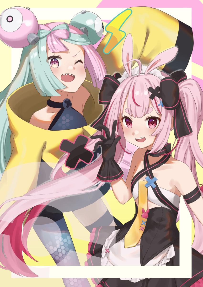 2girls absurdres animal_ears bow-shaped_hair camisole character_hair_ornament crossover hair_ornament highres indie_virtual_youtuber iono_(pokemon) kirima_(zs_at_) long_hair low-tied_long_hair low_twintails multicolored_hair multiple_girls oversized_clothes pink_eyes pink_hair pokemon pokemon_(game) pokemon_sv rabbit_ears red_camisole sharp_teeth teeth tomari_mari twintails two-tone_hair very_long_hair virtual_youtuber