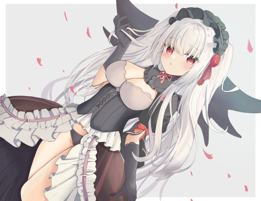 1girl :o bangs bat_wings black_dress black_gloves black_headdress black_panties black_wings blush border breasts brooch cleavage commentary dot_nose dress dutch_angle elbow_gloves falling_petals flower frilled_dress frilled_headwear frills gloves grey_background hand_up highres holding holding_hair jewelry large_breasts lolita_fashion long_hair looking_at_viewer outside_border panties parted_lips petals puffy_sleeves red_eyes red_flower red_rose riven_(sennen_sensou_aigis) rose ruibosu_fuumi sennen_sensou_aigis short_sleeves sidelocks solo standing thighs two_side_up underbust underwear very_long_hair white_border white_hair wings