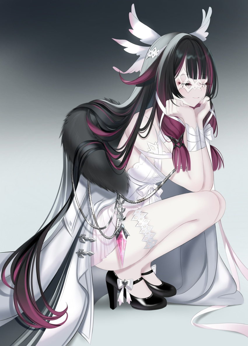 1girl 707arisu alternate_costume bandaged_wrist bandages bangs bare_legs bare_shoulders black_footwear black_hair bow cheek_rest closed_mouth coat columbina_(genshin_impact) dress elbow_rest eye_mask from_side full_body genshin_impact gradient gradient_background grey_background hair_flaps hands_on_own_face head_wings high_heels highres long_hair low_tied_sidelocks multicolored_hair open_clothes open_coat red_hair revision ribbon short_dress sidelocks smile squatting streaked_hair thighlet thighs two-tone_hair very_long_hair white_bow white_coat white_dress white_mask white_ribbon white_wings wings