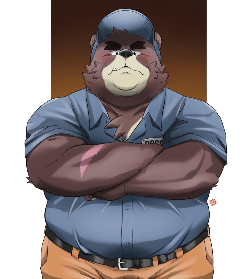 2022 anthro boss_(kamui_shirow) bottomwear clothing cute_fangs delivery_bear_service hat headgear headwear hi_res kamui_shirow kemono male mammal mature_male overweight overweight_male pants scar shirt solo topwear ursid